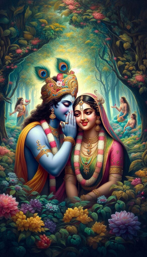 lord radha krishna wallpaper - Lord krishna is whispering something in Radha's ear. they are sitting in flower garden.