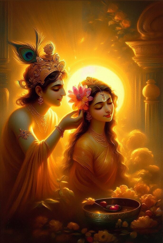 lord radha krishna wallpaper -Lord krishna putting flower in radha's hair.