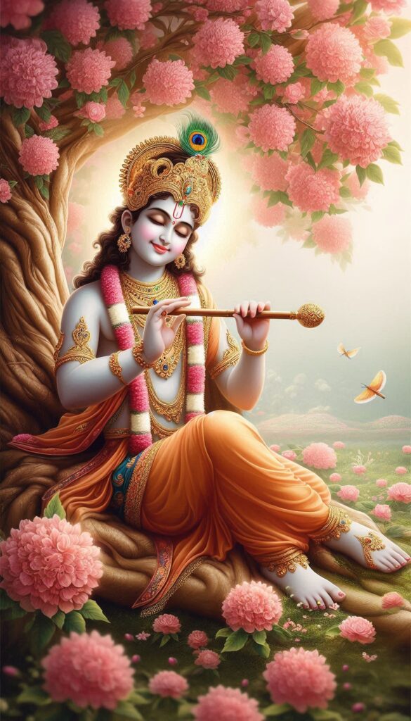 lord radha krishna wallpaper - Lord krishna sitting under the tree, he is adorned with peacock feather crown. Pink flowers are blooming around him.