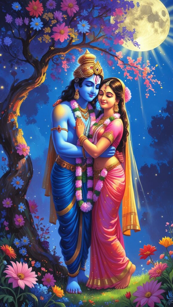 lord radha krishna wallpaper - Lord radha Krishna are standing in full moon night under the tree, flowers are blooming around them.