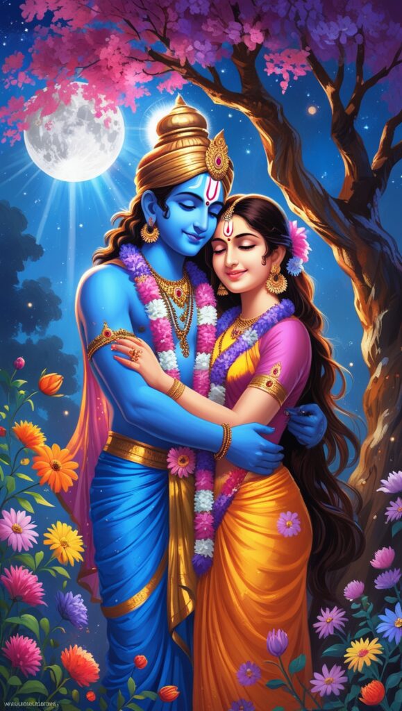 lord radha krishna wallpaper - Lord radha Krishna are standing in full moon night under the tree, showcasing their love.