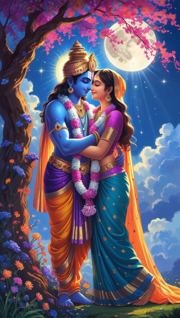 lord radha krishna wallpaper - Lord radha Krishna are standing under the tree in full moon night, flowers are blooming around them.