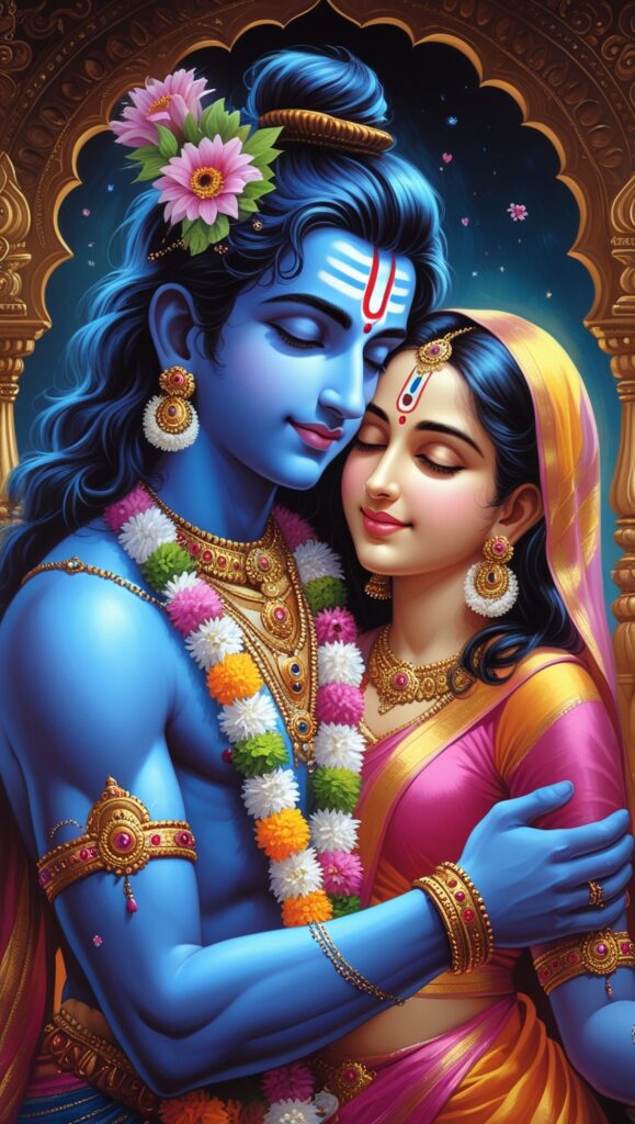 lord radha krishna wallpaper - Lord radha Krishna love image. Krishna wearing flower garland. Radha wearing pink yellow dress.
