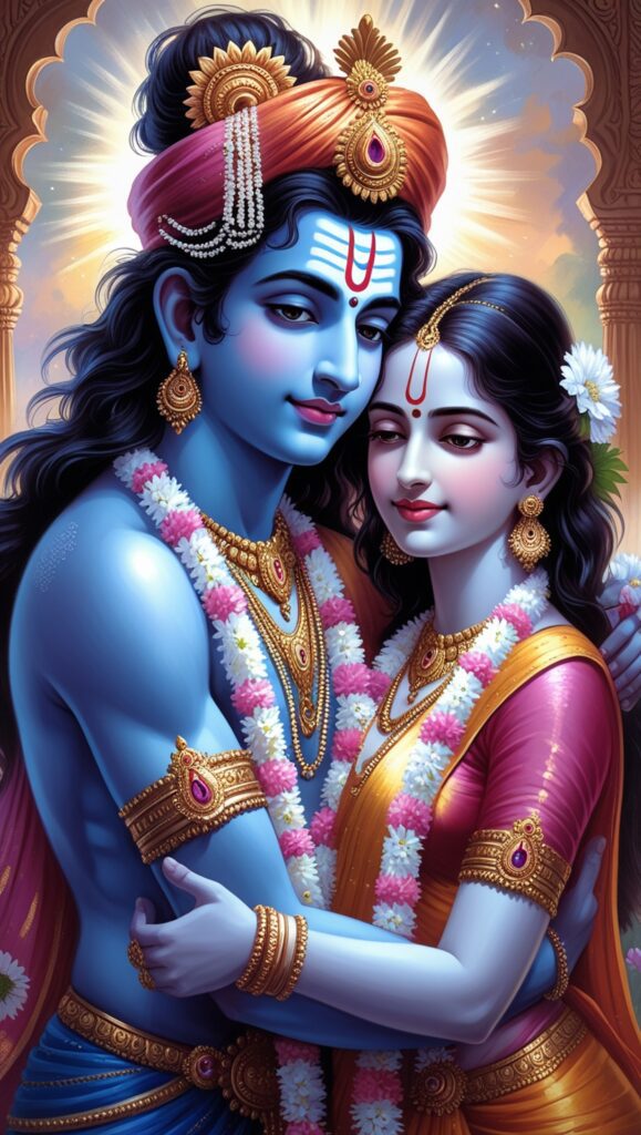 lord radha krishna wallpaper - Lord radha Krishna standing together and both are wearing flower garland