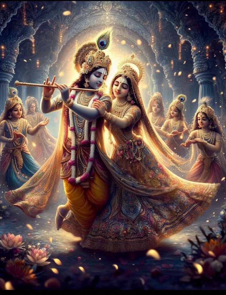 lord radha krishna wallpaper -Lord radha krishna dancing along with Gopi's. Krishna playing flute.
