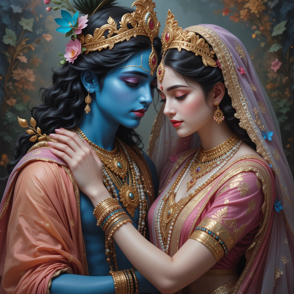 lord radha krishna wallpaper -Lord radha krishna holding each other. Radha wearing pink saree.