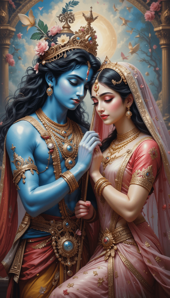 lord radha krishna wallpaper -Lord radha krishna in serene pose holding each other. Radha wearing pink saree.
