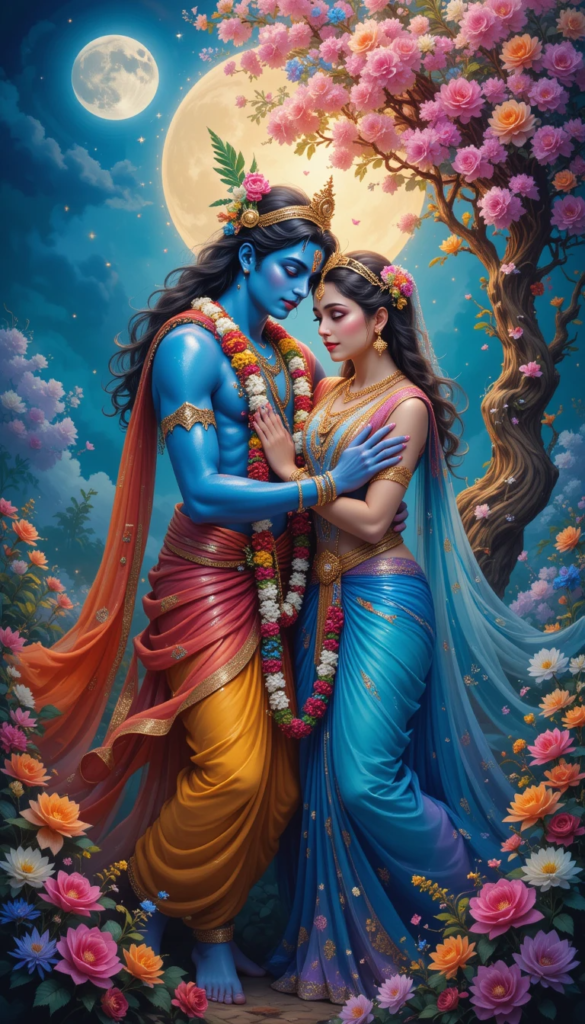 lord radha krishna wallpaper -Lord radha krishna standing in full moon night, holding each other.