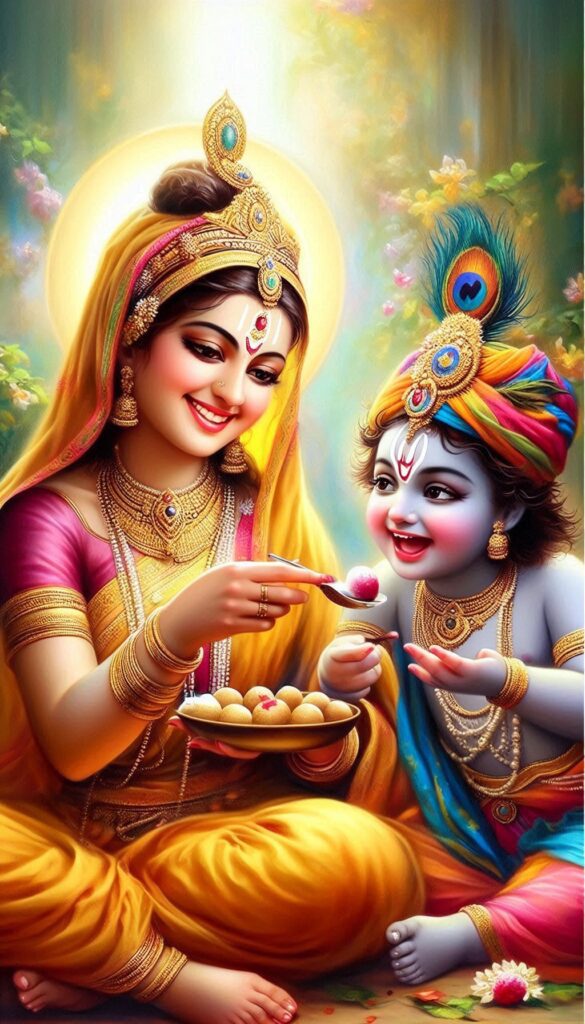lord radha krishna wallpaper - Yashoda maa feeding laddo to young krishna. She is wearing yellow saree.