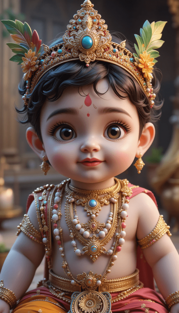 lord radha krishna wallpaper - Young cute krishna  with beautiful eyes and smile is adorned with gold ornaments & crown.