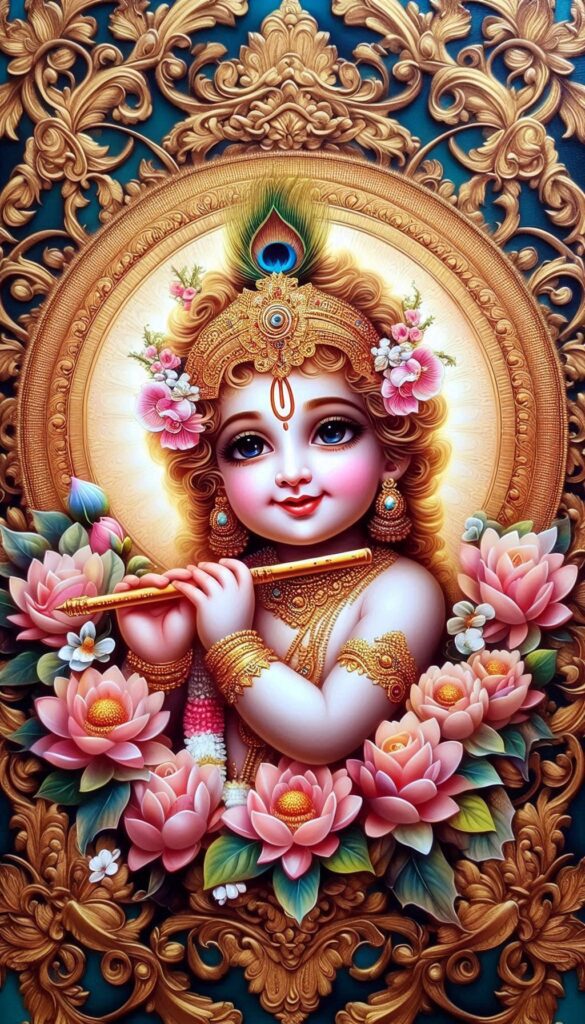 lord radha krishna wallpaper - Young krishna adorned with gold crown & playing flute.