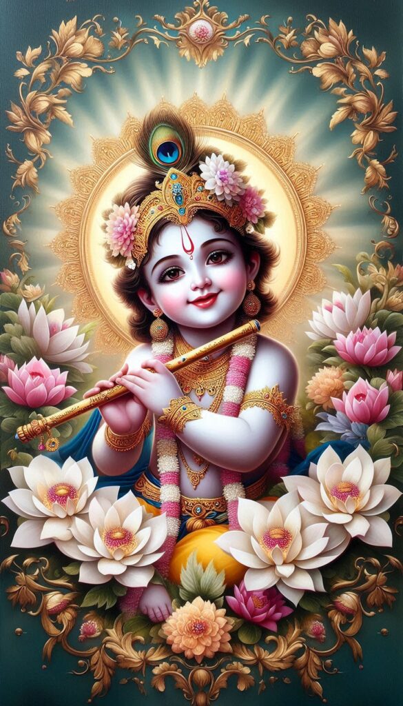 lord radha krishna wallpaper - Young krishna adorned with peacock feather crown. He is surrounded by pink and white lotus.