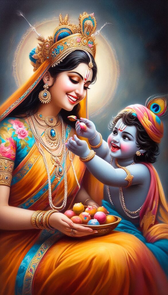 lord radha krishna wallpaper - Young krishna feeding laddo to Yashoda maa. She is wearing yellow saree.