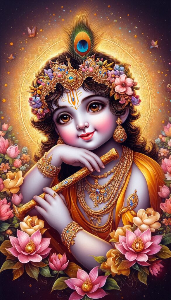 lord radha krishna wallpaper - Young krishna holding flute. He is surrounded by pink and yellow lotuses.
