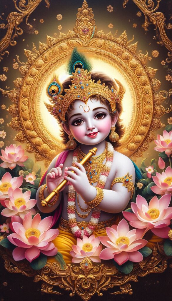 lord radha krishna wallpaper - Young krishna playing flute. He is surrounded by pink lotuses.
