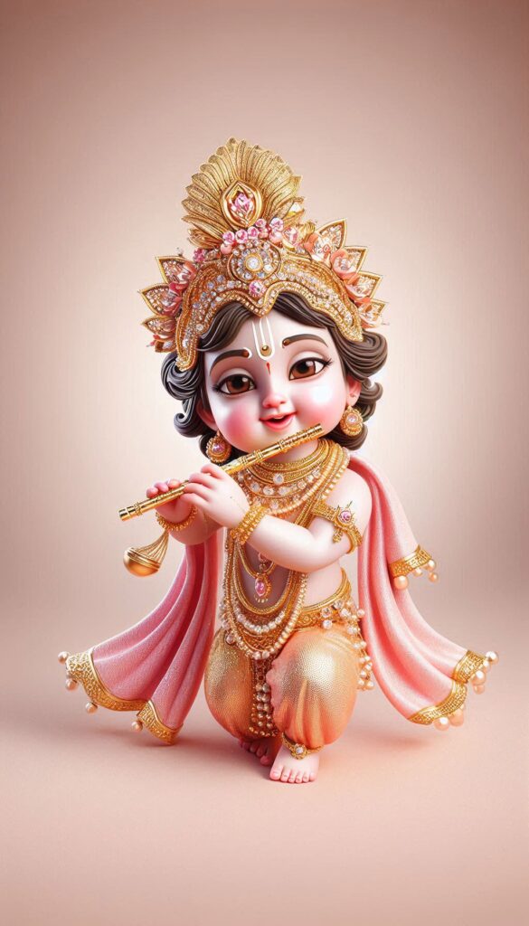 lord radha krishna wallpaper - Young krishna playing flute. he is adorned with gold ornaments & crown.