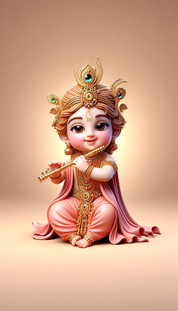 lord radha krishna wallpaper - Young krishna sitting & playing flute. he is adorned with gold ornaments.