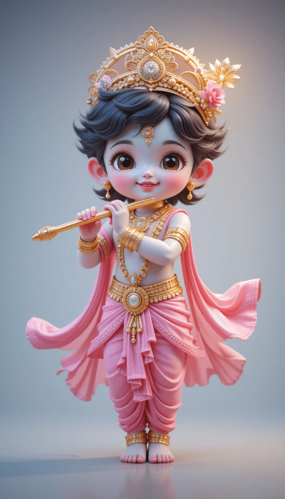 lord radha krishna wallpaper - Young krishna standing, wearing pink dhoti & playing flute.