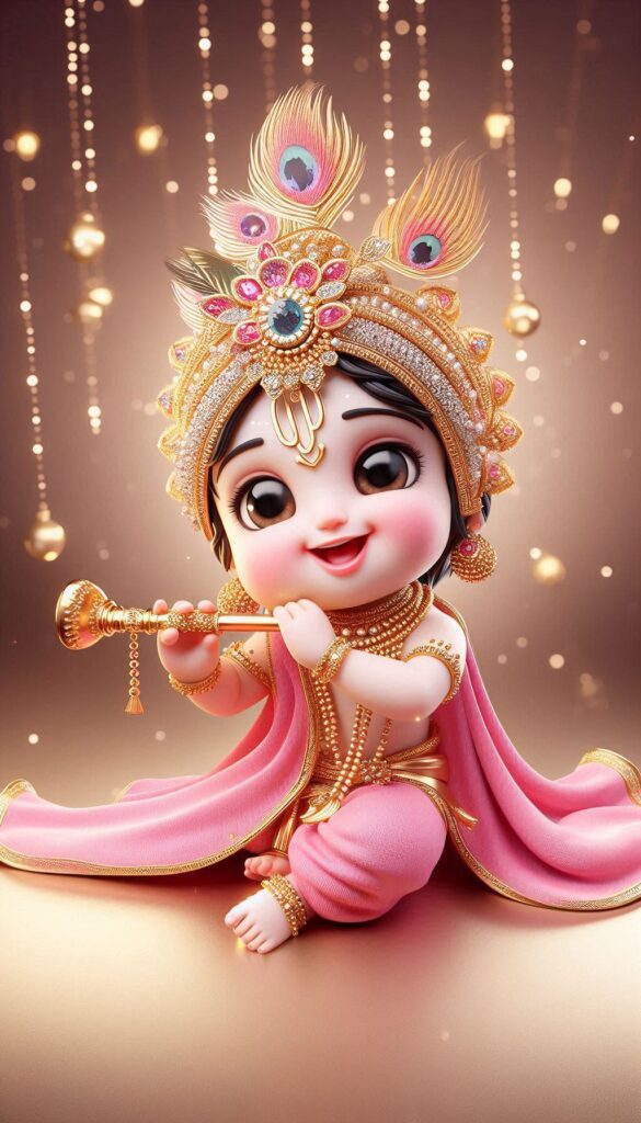 lord radha krishna wallpaper - Young krishna wearing pink dhoti & playing flute.