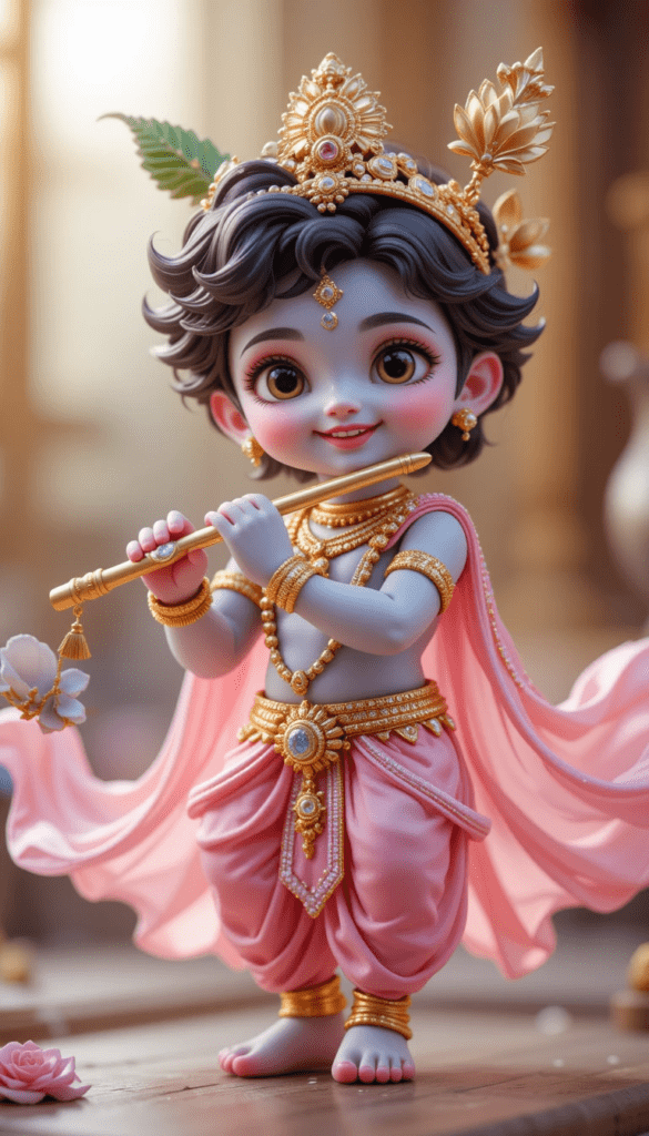 lord radha krishna wallpaper - Young krishna wearing pink dhoti & playing flute. he is adorned with gold ornaments.