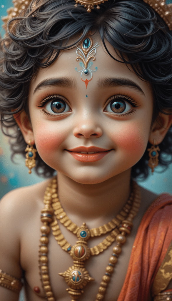 lord radha krishna wallpaper - Young krishna  with beautiful eyes and smile, is adorned with gold ornaments.