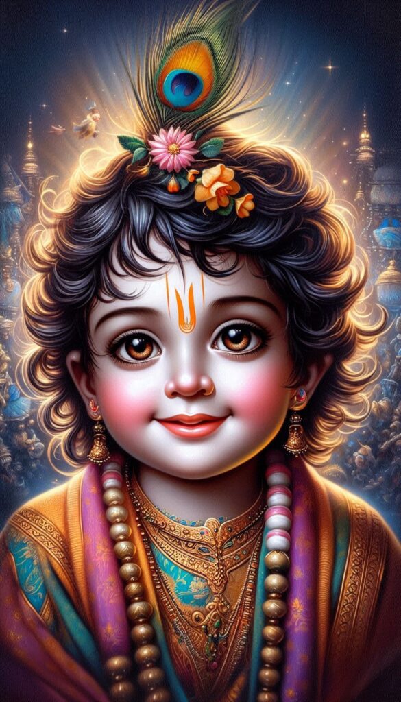lord radha krishna wallpaper - an adorable cute little Lord Krishna charismatic smile whose curly hair is adorned with a peacock feather crown.