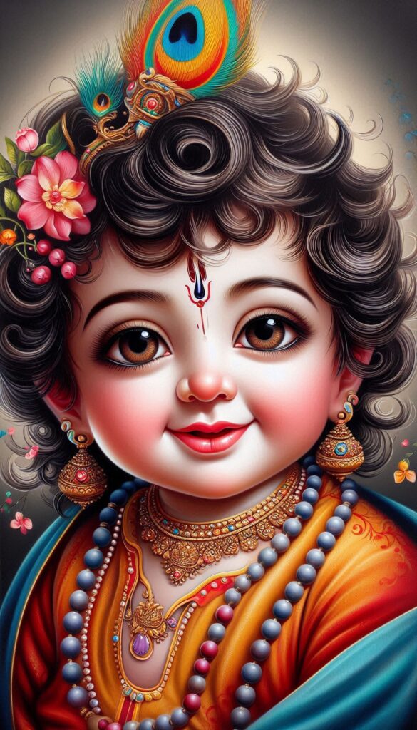 lord radha krishna wallpaper - an adorable cute little Lord Krishna with smiling face is wearing gold ornaments.