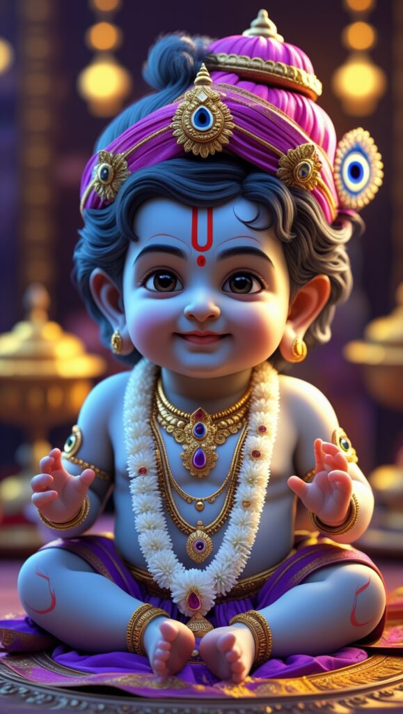 lord radha krishna wallpaper - an adorable cute young Lord Krishna wearing gold ornaments and flower garland