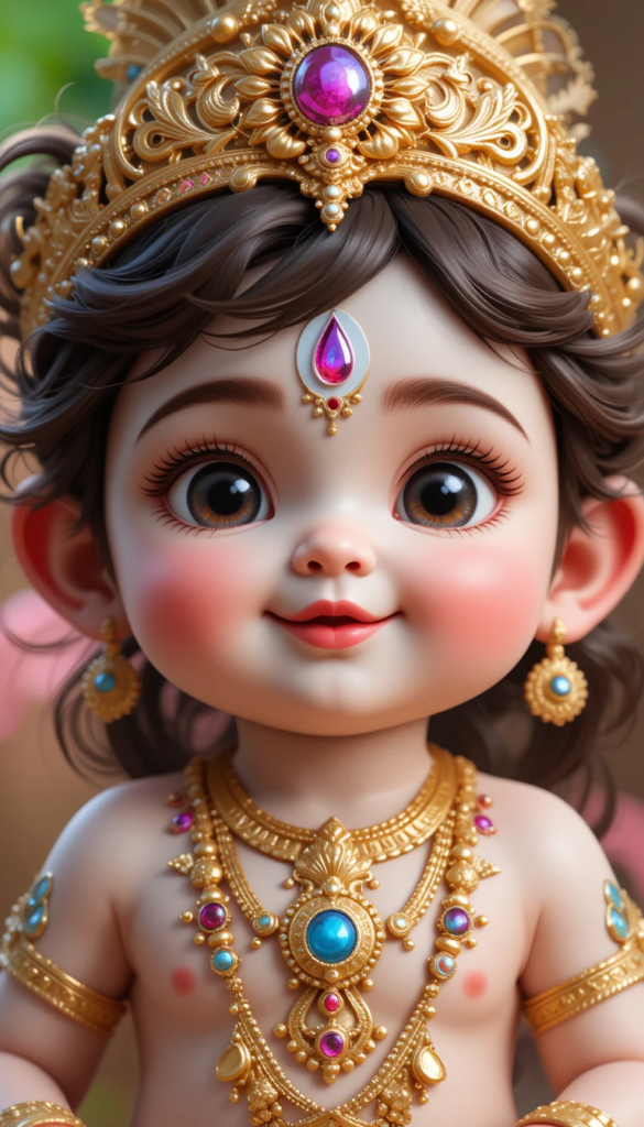 lord radha krishna wallpaper - an adorable little krishna with beautiful eyes is adorned with gold ornaments.
