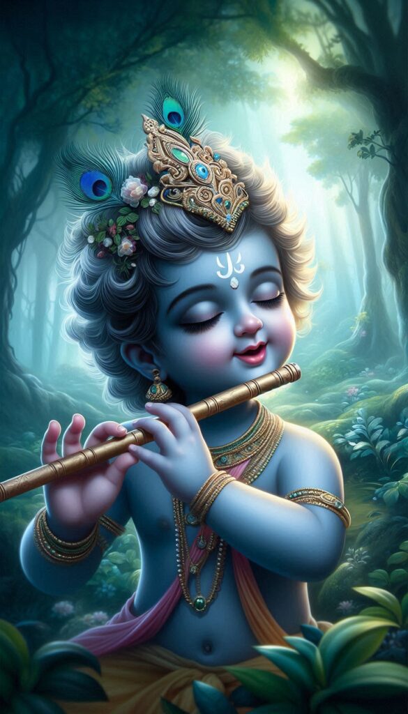 lord radha krishna wallpaper - an adorable young Lord Krishna playing flute and wearing a peacock feather crown.