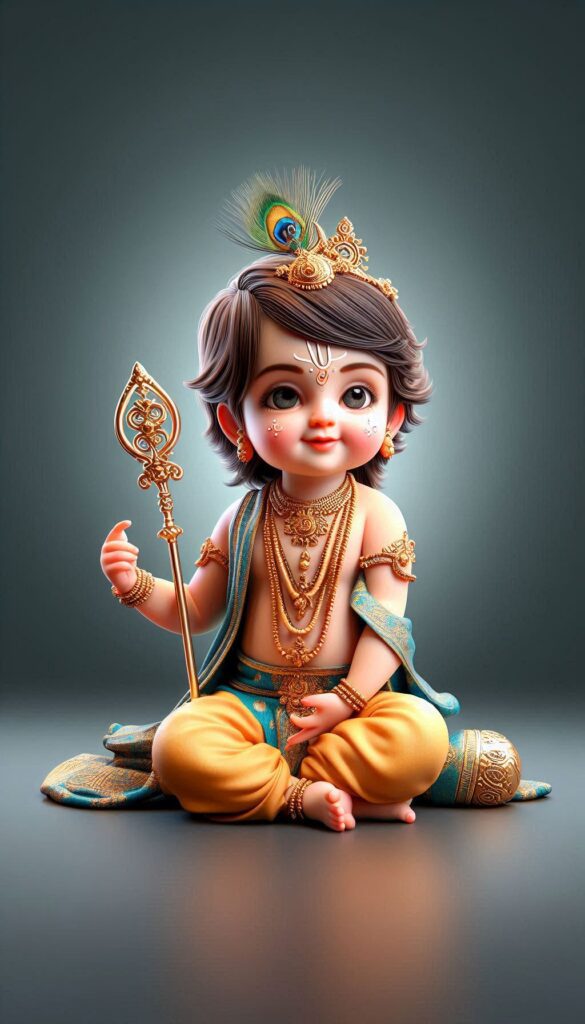 lord radha krishna wallpaper - an adorable young Lord Krishna sitting and holding flute. He is wearing yellow dhoti.