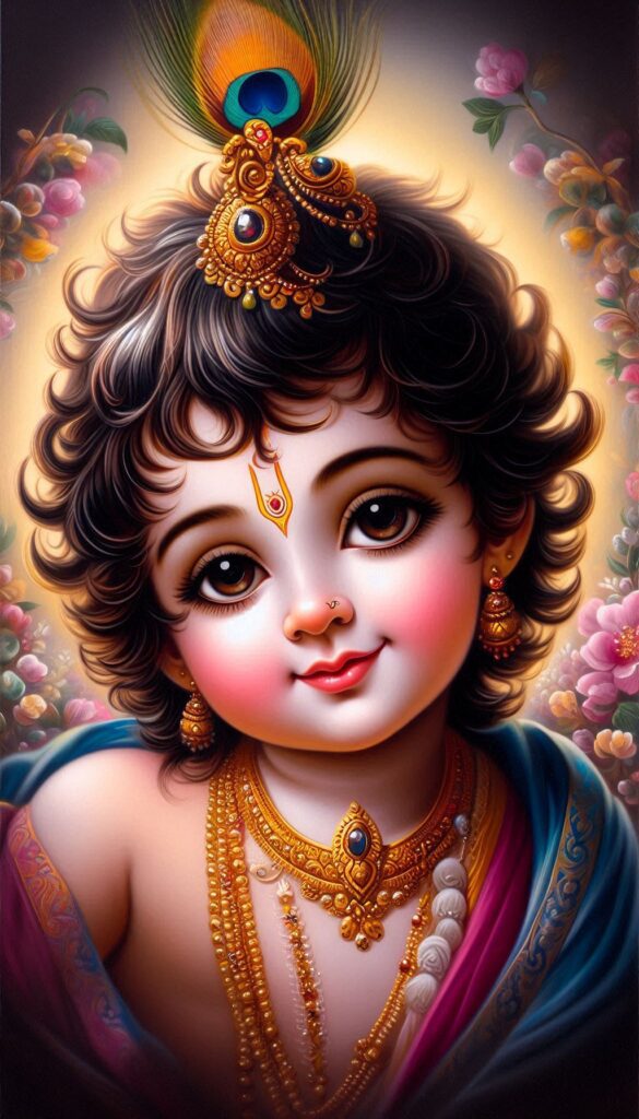 lord radha krishna wallpaper - an adorable young Lord Krishna wearing gold ornaments & a peacock feather crown.