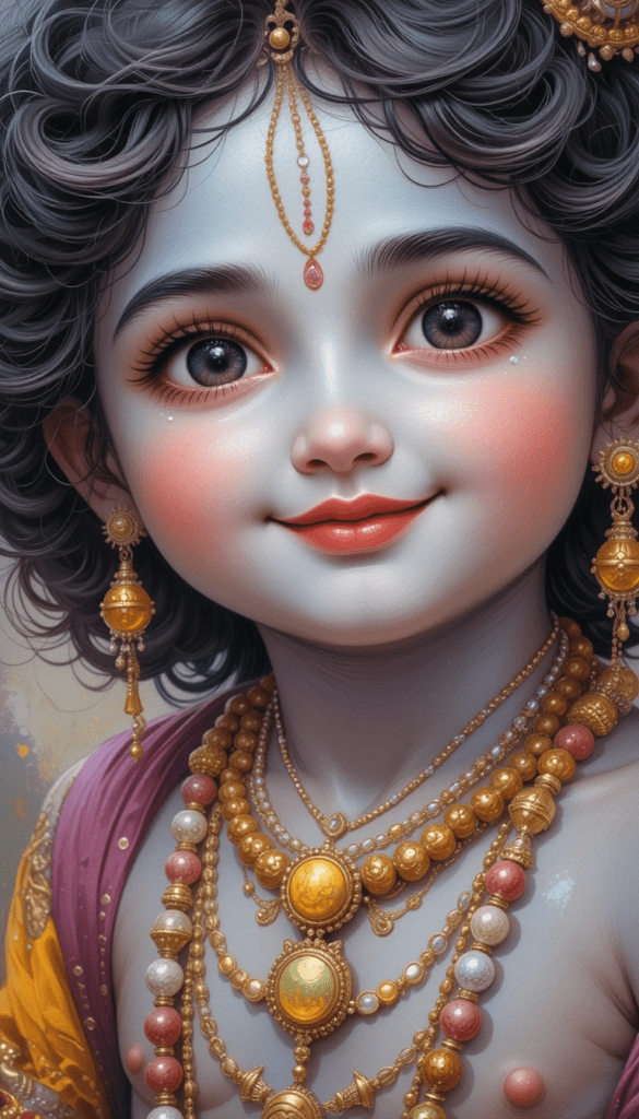 lord radha krishna wallpaper - cute little krishna  with beautiful eyes and smile. he is adorned with gold ornaments.