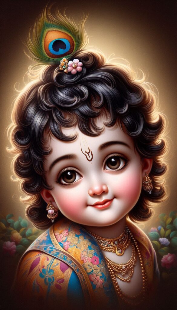 lord radha krishna wallpaper - cute smiling Lord Krishna wearing gold ornaments and a peacock feather crown.