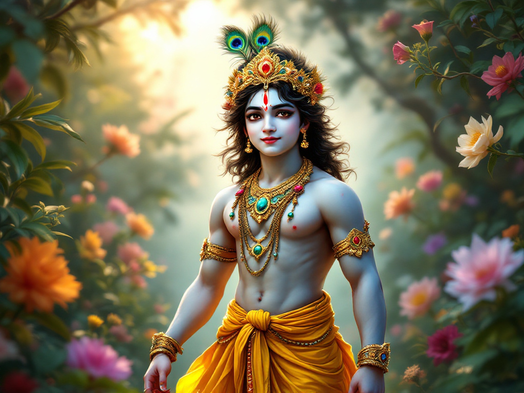 lord radha krishna wallpaper - krishna standing in garden full of flowers.