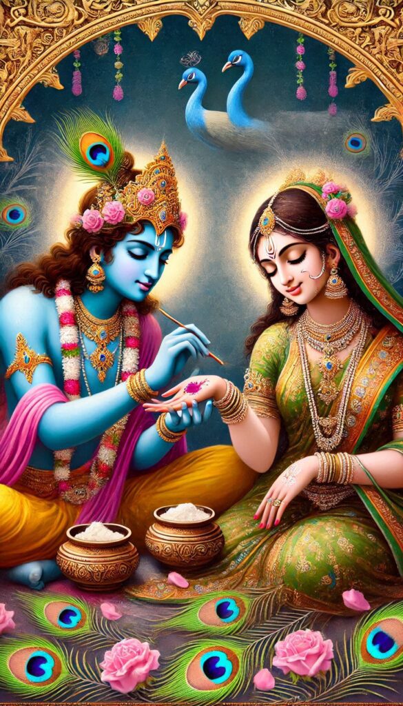 lord radha krishna wallpaper - lord krishna applying mehndi on Radha's hand.