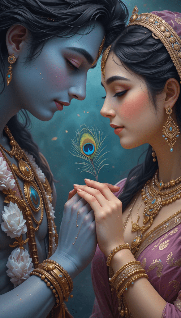 lord radha krishna wallpaper - lord krishna giving peacock feather to radha.