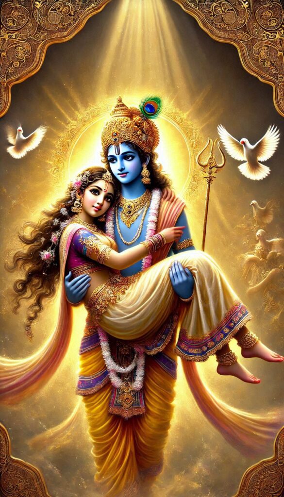 lord radha krishna wallpaper - lord krishna holding radha in his hands.