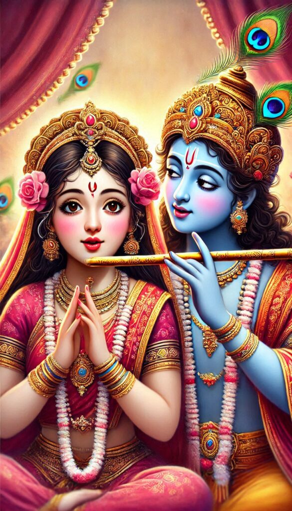lord radha krishna wallpaper - lord krishna playing flute and looking at radha.