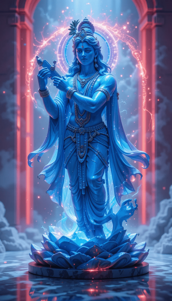 lord radha krishna wallpaper - lord krishna statue in blue color with red lightning effect.