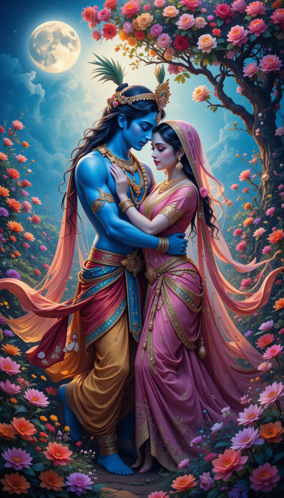lord radha krishna wallpaper - lord radha krishna holding each other, standing in full moon night. Flowers are blooming around them.