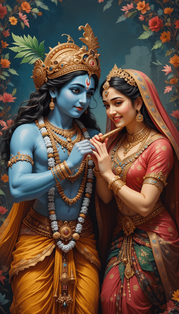 lord radha krishna wallpaper - lord radha krishna holding flute together. krishna wearing yellow dhoti and radha wearing red dress.