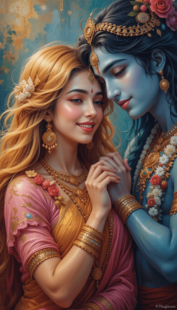 lord radha krishna wallpaper - lord radha krishna holding hands, radha wearing pink yellow saree.