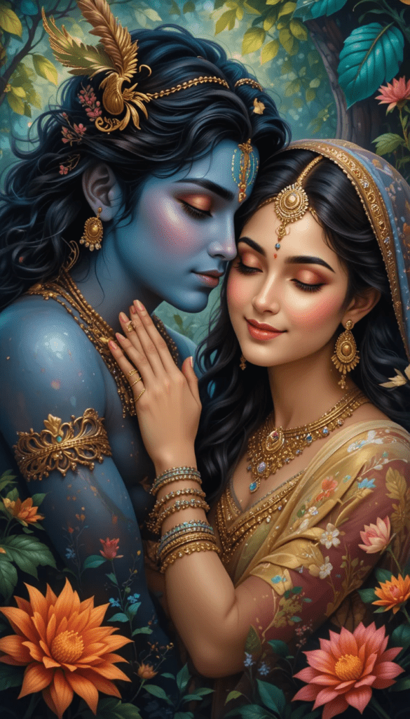 lord radha krishna wallpaper - lord radha krishna holding each other. flowers are blooming around them.
