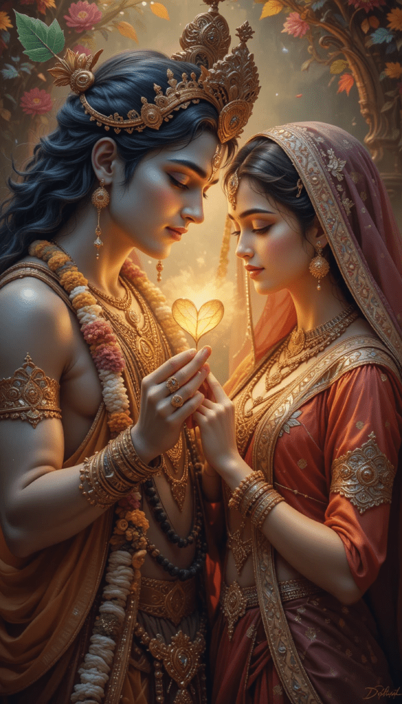 lord radha krishna wallpaper - lord radha krishna showcasing their love to each other, krishna giving heart shaped flower to radha.