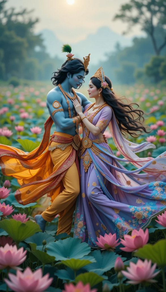 lord radha krishna wallpaper - lord radha krishna standing in lotus garden. radha wearing purple saree.