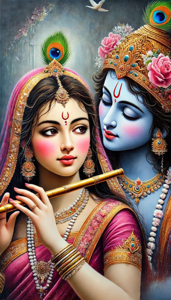 lord radha krishna wallpaper - lord radha playing flute and both are looking at each other.