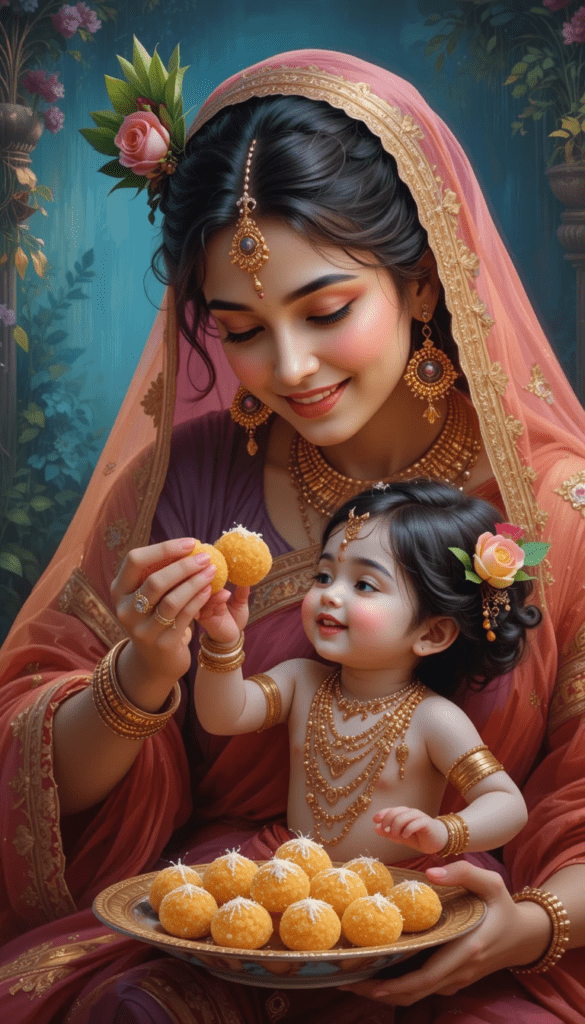 lord radha krishna wallpaper - yashoda maa giving laddo to kanha.
