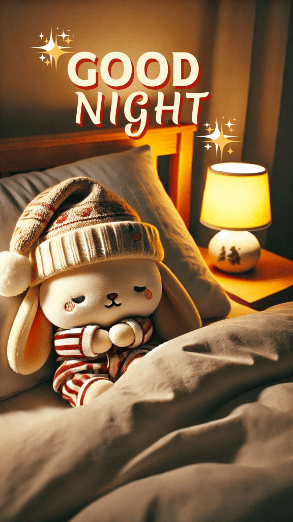 Very cute good night image of a small bunny soft toy wearing a striped red-and-white sweater & a beanie