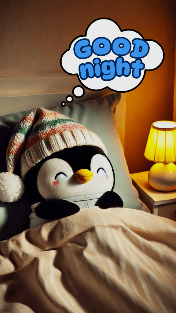 Very cute good night image of a penguin wearing a blue night suit & a beanie adorned with a pom-pom on top